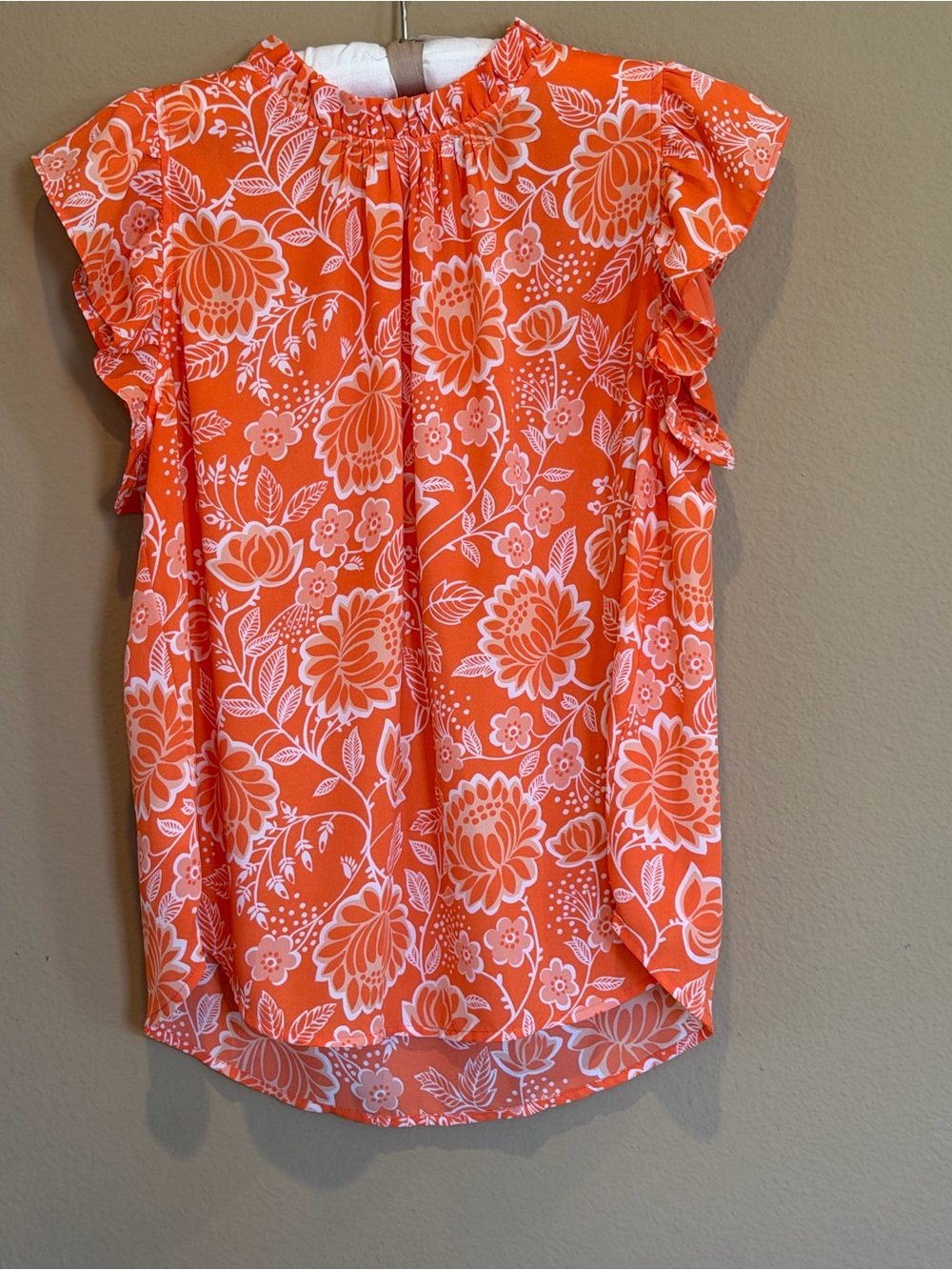 LOFT Women's Orange Floral Ruffle Sleeve Blouse